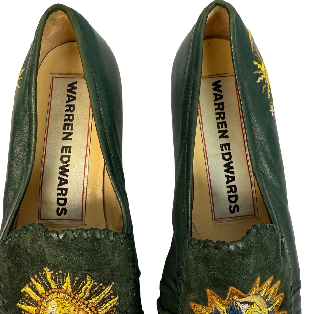 Susan Bennis Warren Edwards Leather Loafers Green Sun Moon Embroidery Italian - Picture 12 of 13
